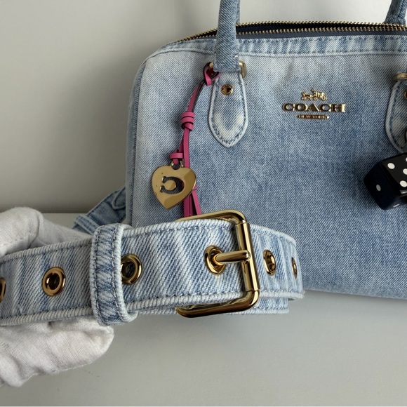 NWT Coach Rowan Satchel Bag In Loved Denim With Charms - Picture 7 of 13
